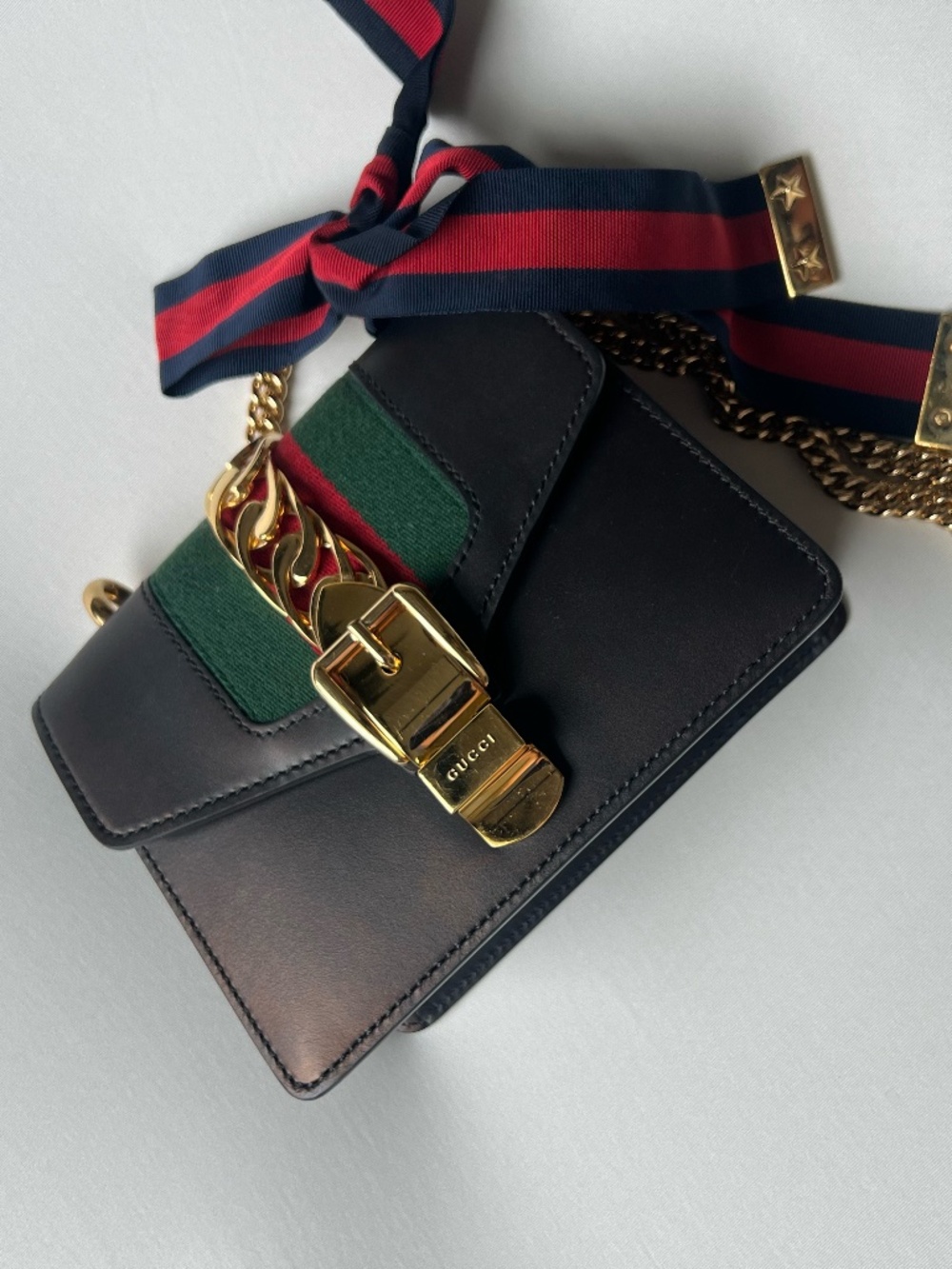 Authentic Gucci Sylvie Black Leather Mini Crossbody Bag + Box & Straps